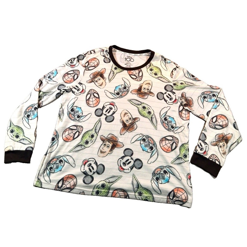 Disney 100 Pajama Top Adult XL Mickey Grogu Stitch Spider-Man Woody Long Sleeve